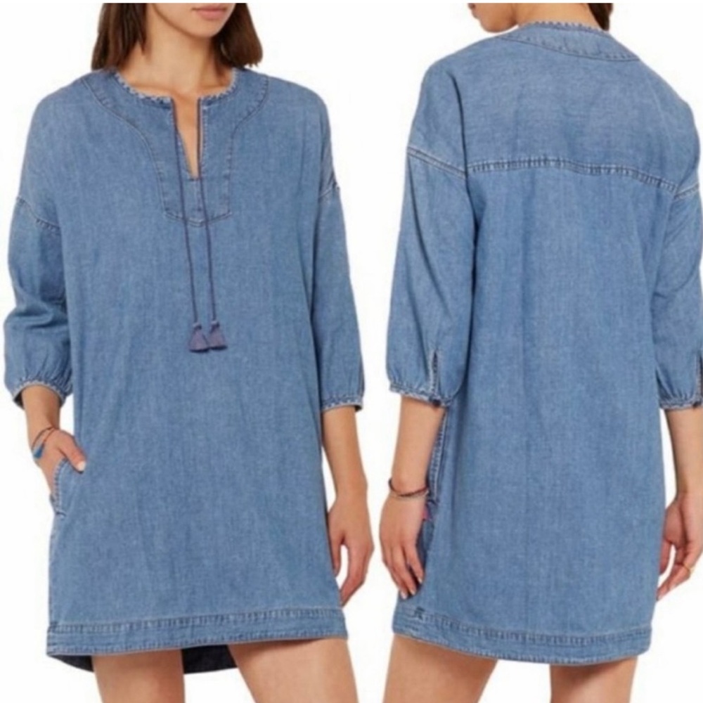 Madewell Denim Artiste 3/4 Sleeve Tasseled Tunic Top Miki Dress Pockets size XS